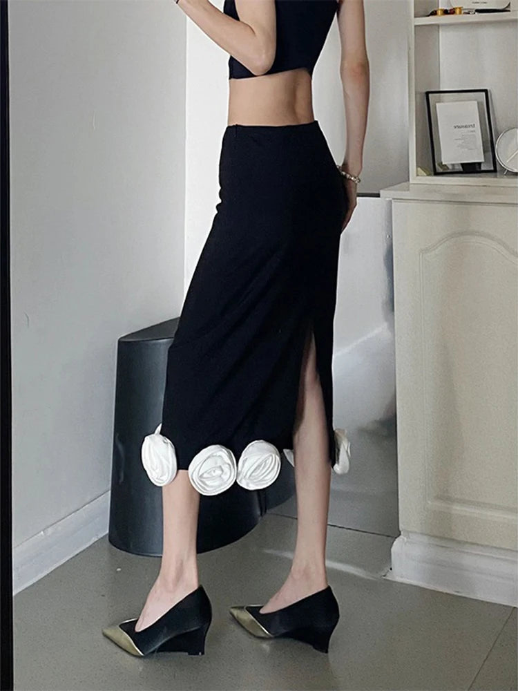 Spliced Appliques Elegant A Line Skirt For Women High Waist Patchwork Zipper Split Temperament Skirts Female New
