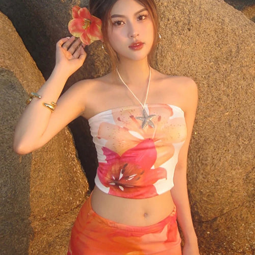 Load image into Gallery viewer, Colorful Wrap Tops Women Flower Print Chest Wrap Sleeve Backless Skinny Beach Party Simple Classic Summer Mini Clothes
