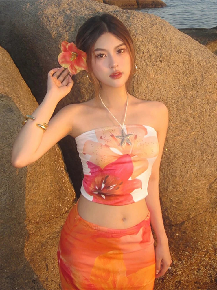 Colorful Wrap Tops Women Flower Print Chest Wrap Sleeve Backless Skinny Beach Party Simple Classic Summer Mini Clothes