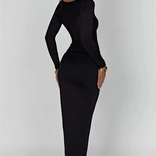 Load image into Gallery viewer, Long Sleeve Ruched High Split Maxi Dress Women Square Collar Drawstring Bodycon Sexy Party Long Dress Elegant Autumn
