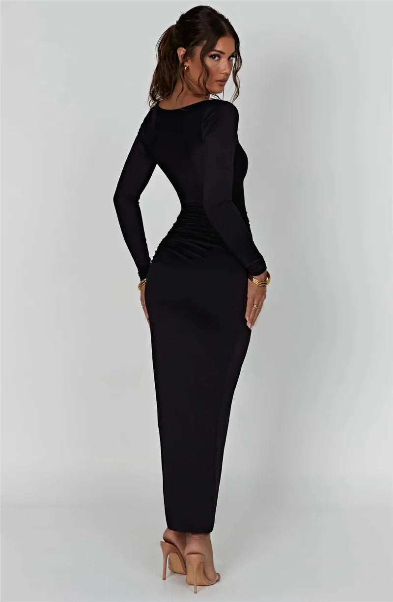 Long Sleeve Ruched High Split Maxi Dress Women Square Collar Drawstring Bodycon Sexy Party Long Dress Elegant Autumn