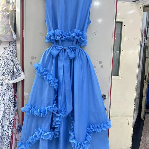 Load image into Gallery viewer, Solid Spliced Ruffles Loose Dresses For Women O Neck Sleeveless High Waist Temperament Long Dress Female Fashion
