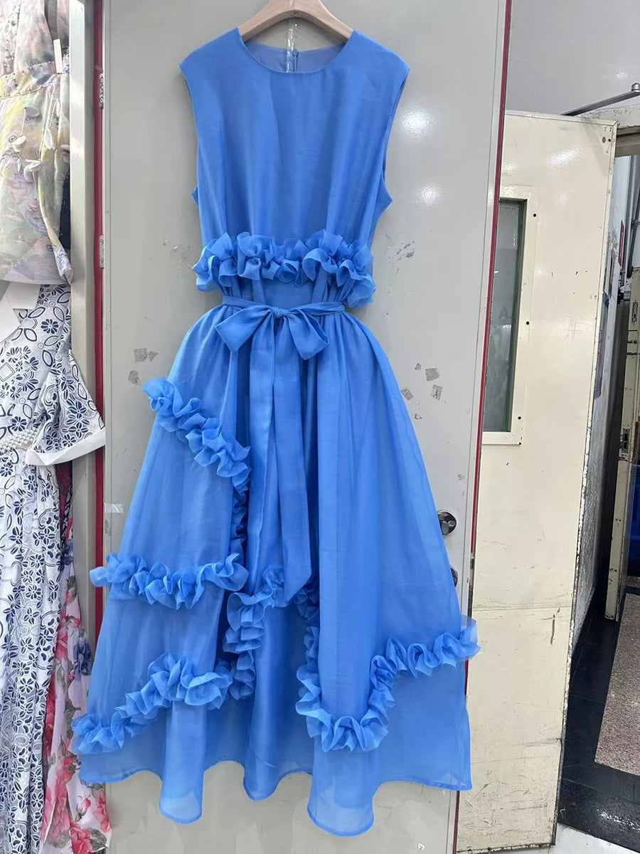 Solid Spliced Ruffles Loose Dresses For Women O Neck Sleeveless High Waist Temperament Long Dress Female Fashion