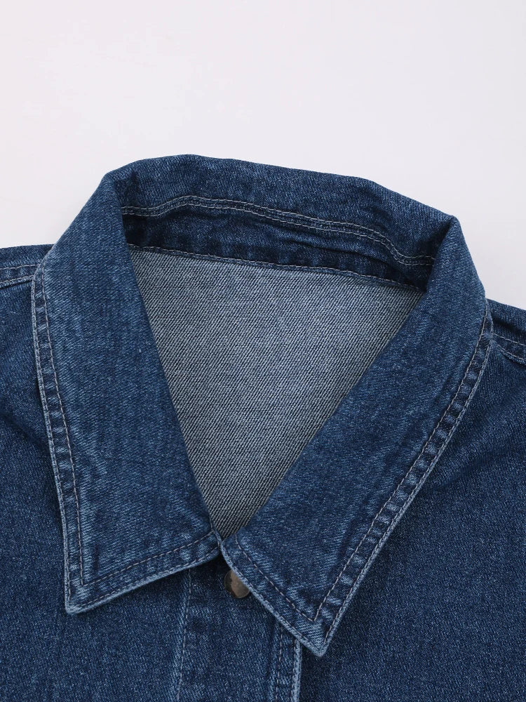 Blue Denim Thick Pocket Big Size Casual Jacket New Lapel Long Sleeve Women Coat Fashion Tide Spring Autumn 2025 CP2074