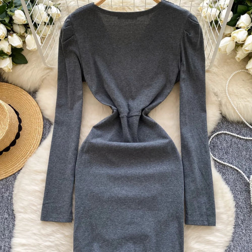 Load image into Gallery viewer, Korean 2025 Spring New Black Elegant Long Sleeves Office Wrapping Hip Mini Dress Women Grey V Neck Vacation Pleated Short Dress
