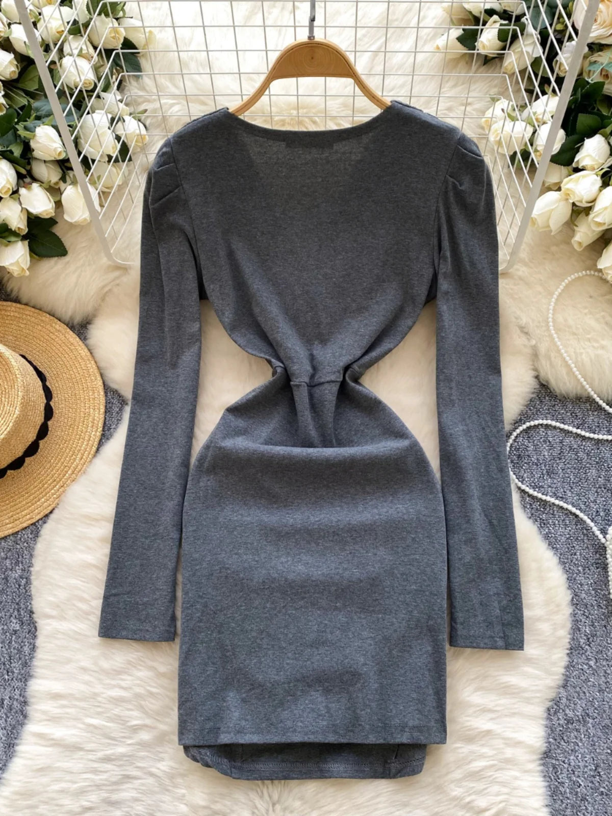 Korean 2025 Spring New Black Elegant Long Sleeves Office Wrapping Hip Mini Dress Women Grey V Neck Vacation Pleated Short Dress