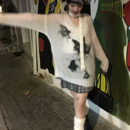 Load image into Gallery viewer, Harajuku Vintage Grunge Butterfly Printing Pullovers Women Y2k Aesthetic See Through Jumpers Streetwear Girl Oversized Sweaters
