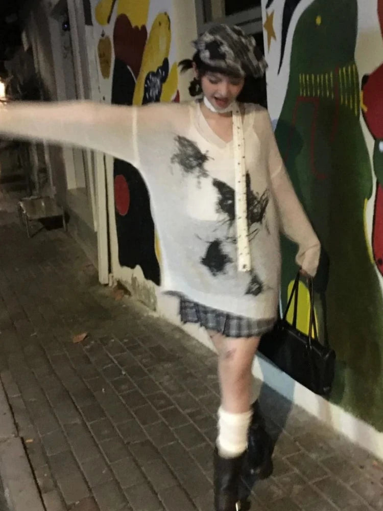 Harajuku Vintage Grunge Butterfly Printing Pullovers Women Y2k Aesthetic See Through Jumpers Streetwear Girl Oversized Sweaters