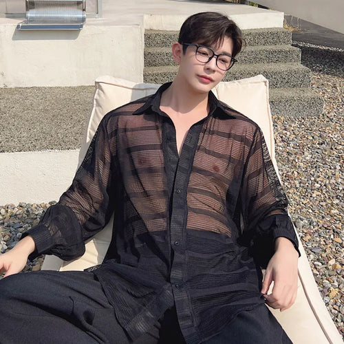 Load image into Gallery viewer, Summer Male Long Sleeve Shirts Trend Fashionable Niche Hollow Design Single Breasted Sunscreen Solid Color Shirt 9W1544
