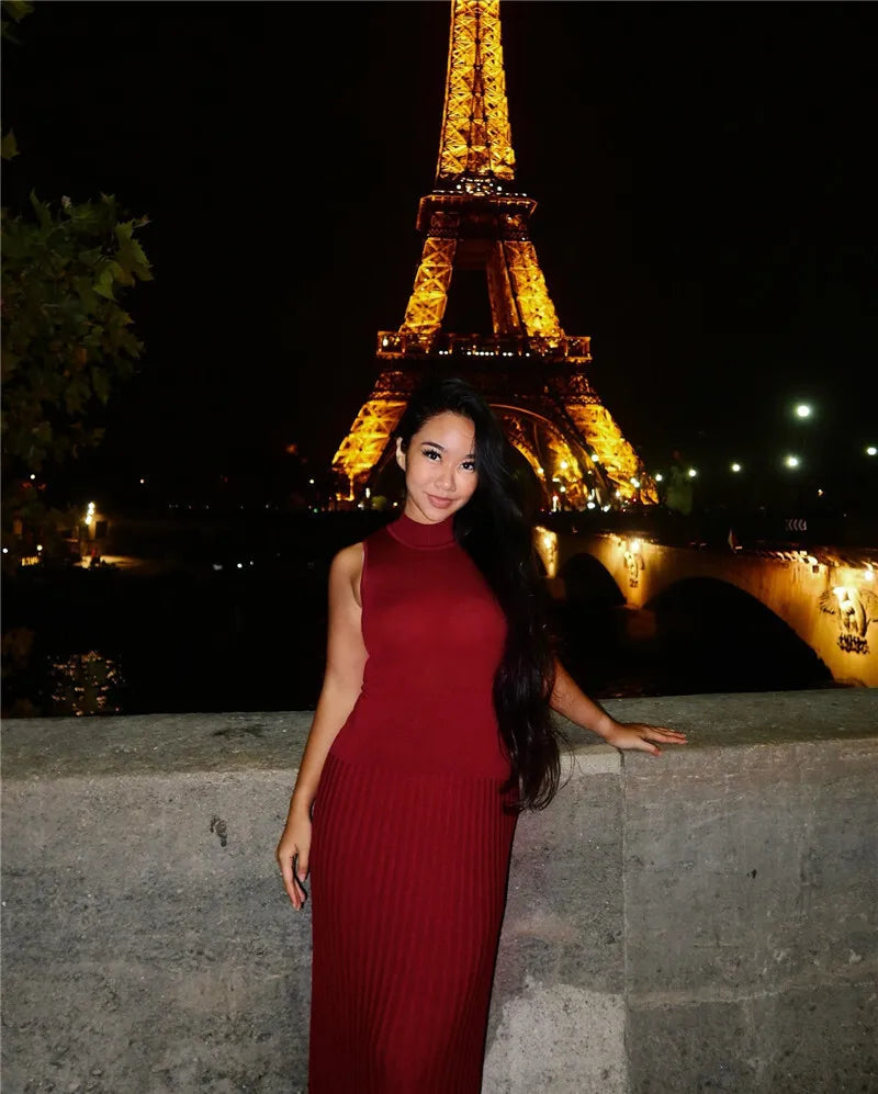 Half High Collar Sleeveless Knit Maxi Dress For Women Fashion Solid Bodycon Sexy Pleated Long Knitted Sweater Dress