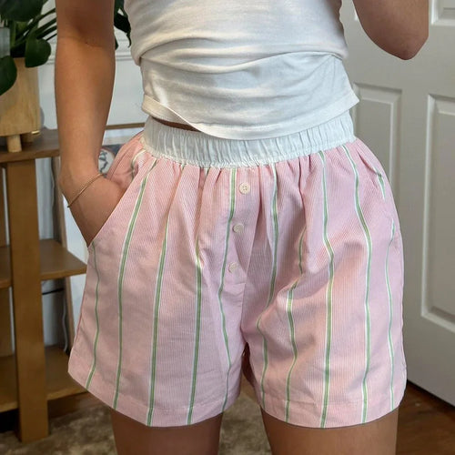 Load image into Gallery viewer, Casual Pink Stripe Basic Summer Shorts Women Buttons Homewear Elastic Waist Korean Fashion Hotpants Hottie Contrast
