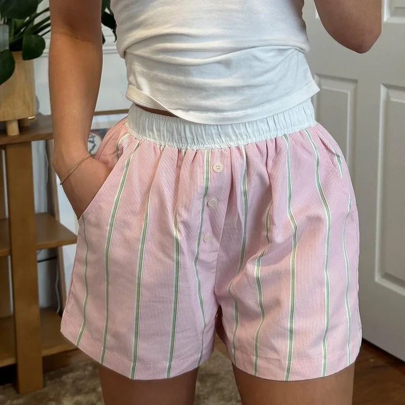 Casual Pink Stripe Basic Summer Shorts Women Buttons Homewear Elastic Waist Korean Fashion Hotpants Hottie Contrast