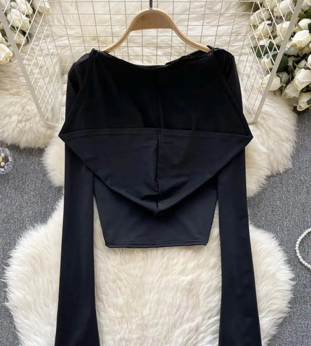 Black Casual Street Style Slim Long Sleeved Ruched Hooded T-shirt Women's Simple Basic Pullover Cropped Tops Fashion Popular New