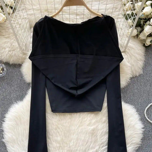 Load image into Gallery viewer, Black Casual Street Style Slim Long Sleeved Ruched Hooded T-shirt Women's Simple Basic Pullover Cropped Tops Fashion Popular New
