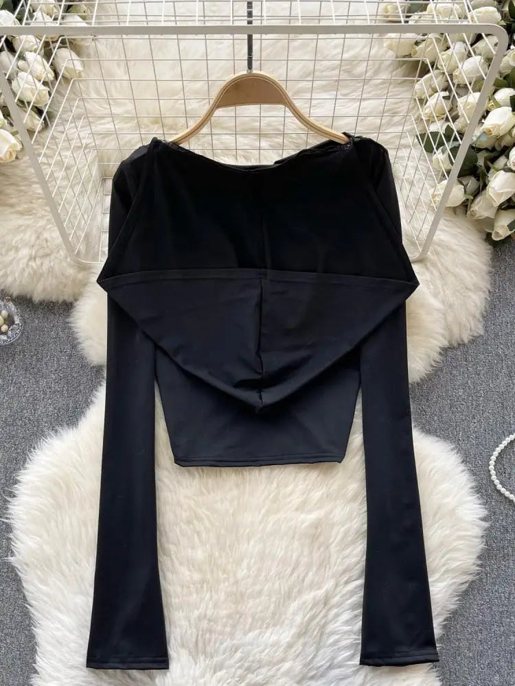 Black Casual Street Style Slim Long Sleeved Ruched Hooded T-shirt Women's Simple Basic Pullover Cropped Tops Fashion Popular New
