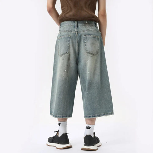 Load image into Gallery viewer, Niche Design Men&#39;s Denim Trousers Vintage Worn-out Ink Design Calf-length Pants Wide Leg Male Straigth Bottom 9C6312
