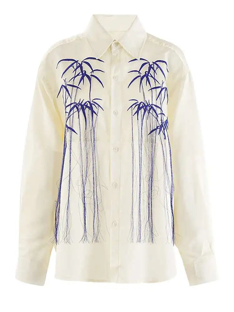 Women Black Embroidery Tassels Big Size Elegant Blouse New Lapel Long Sleeve Shirt Fashion Tide Spring Autumn 2025 CPG2149