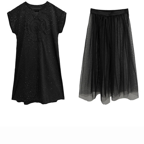 Load image into Gallery viewer, Black Sequins Dress Mesh Skirt Two Pieces Suit New Round Neck Short Sleeve Women Fashion Tide Spring Summer 2025 1DJ1153
