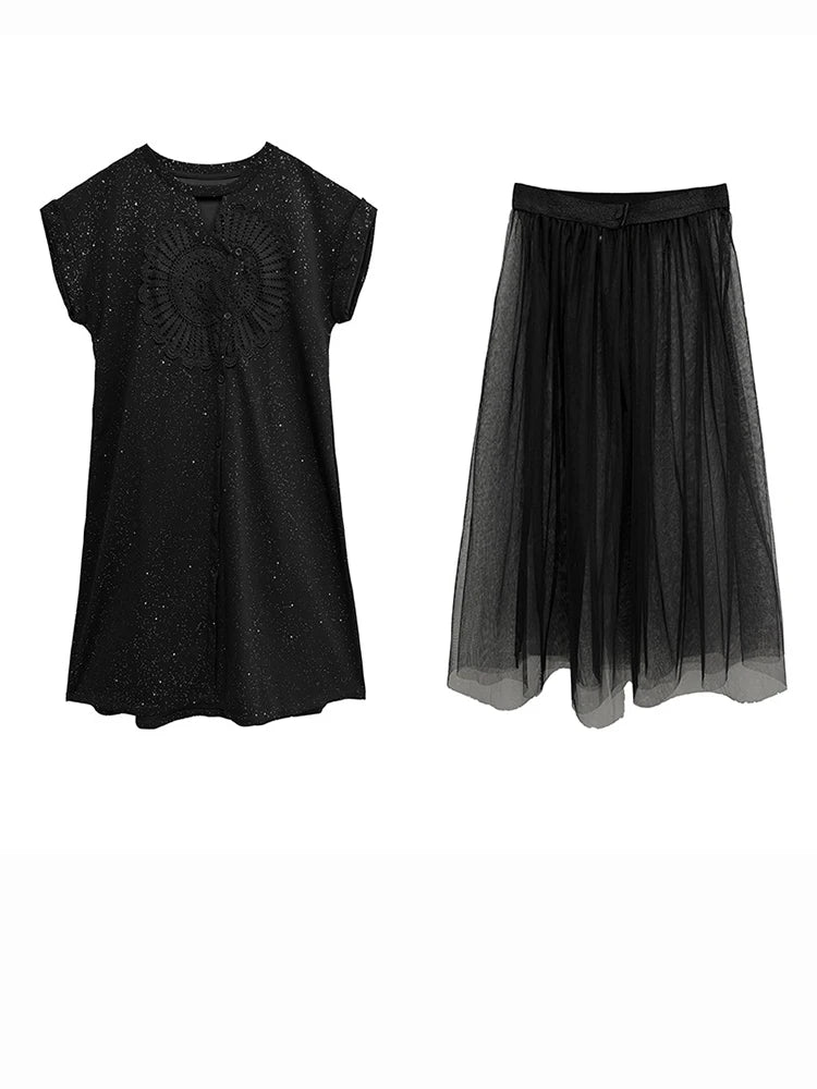 Black Sequins Dress Mesh Skirt Two Pieces Suit New Round Neck Short Sleeve Women Fashion Tide Spring Summer 2025 1DJ1153