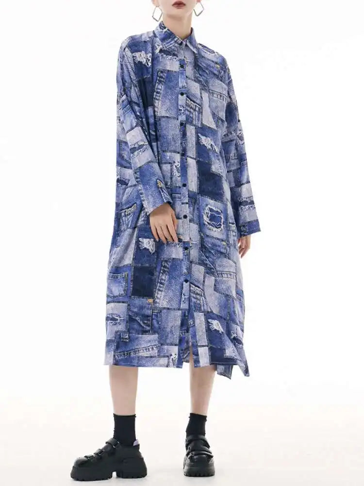 Women Blue Printed Big Size Midi Shirt Dress New Lapel Long Sleeve Loose Fit Fashion Tide Spring Autumn 2025 1DH0515