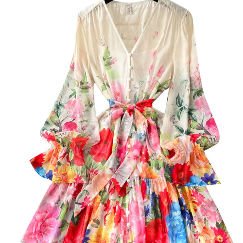 Load image into Gallery viewer, Bohemian Women Beige Flower Vacation Temperament Bandage Pleated Short Dresses Spring V Neck High Waist Party Prom Dress Popular
