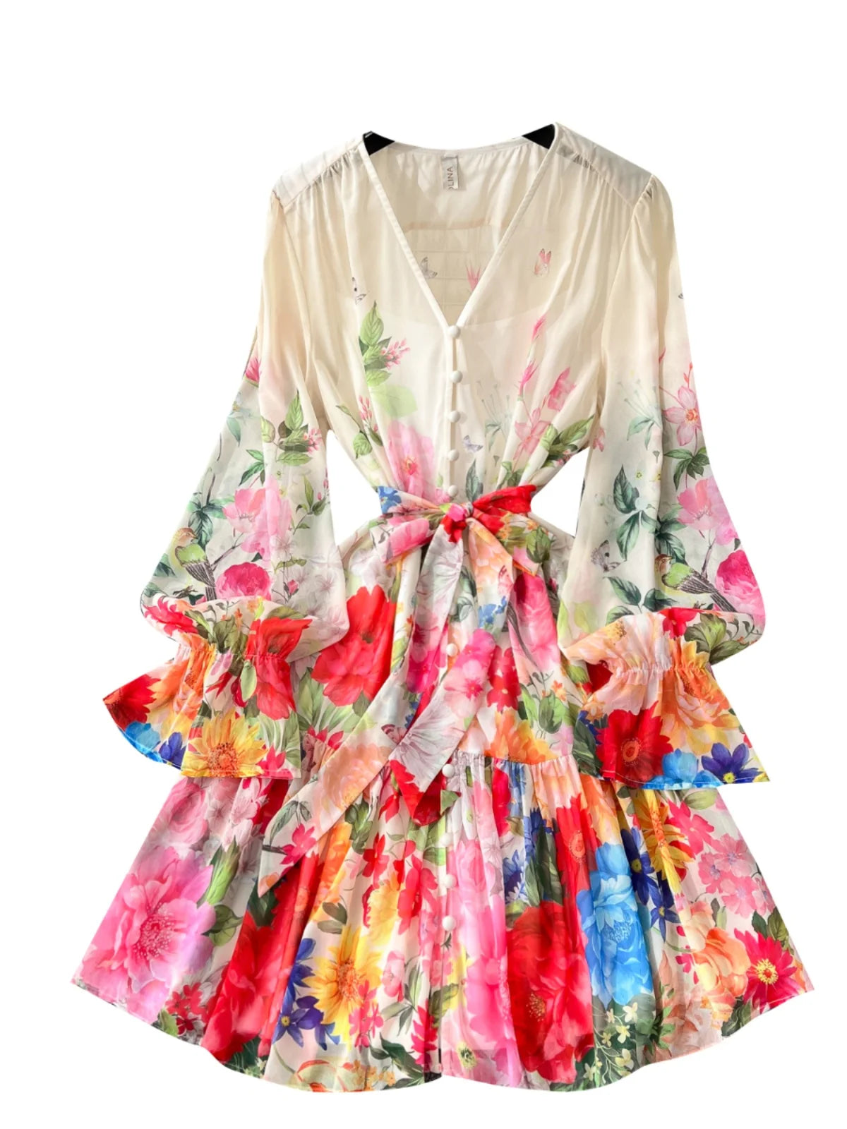 Bohemian Women Beige Flower Vacation Temperament Bandage Pleated Short Dresses Spring V Neck High Waist Party Prom Dress Popular