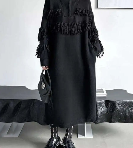 Women Black Tassels Knitting Big Size Midi Dress New Turtleneck Long Sleeve Loose Fit Fashion Spring Autumn 2025 1DH1601