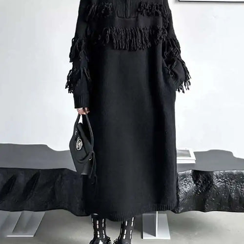Load image into Gallery viewer, Women Black Tassels Knitting Big Size Midi Dress New Turtleneck Long Sleeve Loose Fit Fashion Spring Autumn 2025 1DH1601
