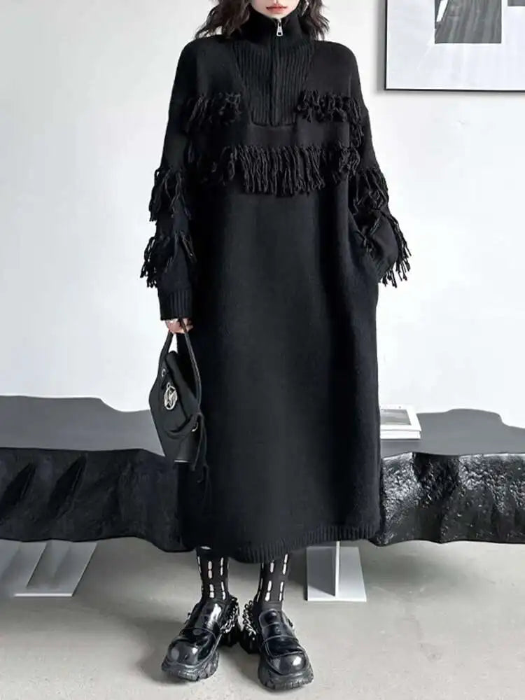 Women Black Tassels Knitting Big Size Midi Dress New Turtleneck Long Sleeve Loose Fit Fashion Spring Autumn 2025 1DH1601