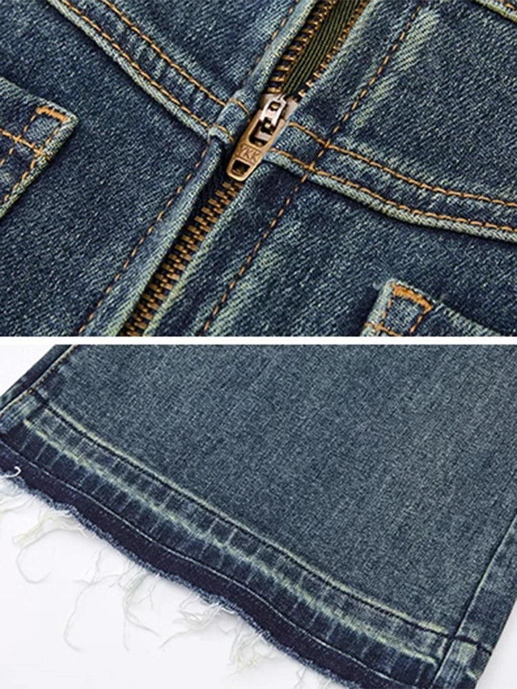 Slimming Hollow Out Bareback Denim Pants For Women High Waist Aptchwork Pockets Streetwear Flare Jeans Female