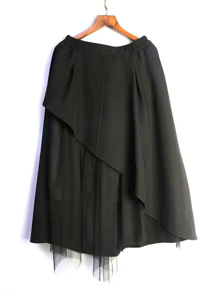 High Elastic Waist Black Mesh Irregular Spliced A-line Half-body Skirt Women Fashion Tide New Spring Autumn 2025 1DJ0611