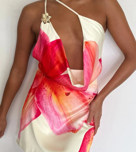 One Shoulder Backless Print Sexy Mini Dress Women Summer New Hollow Out Sleeveless Ruched Beach Club Party Dress