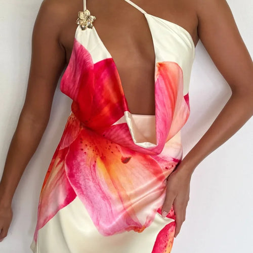 Load image into Gallery viewer, One Shoulder Backless Print Sexy Mini Dress Women Summer New Hollow Out Sleeveless Ruched Beach Club Party Dress
