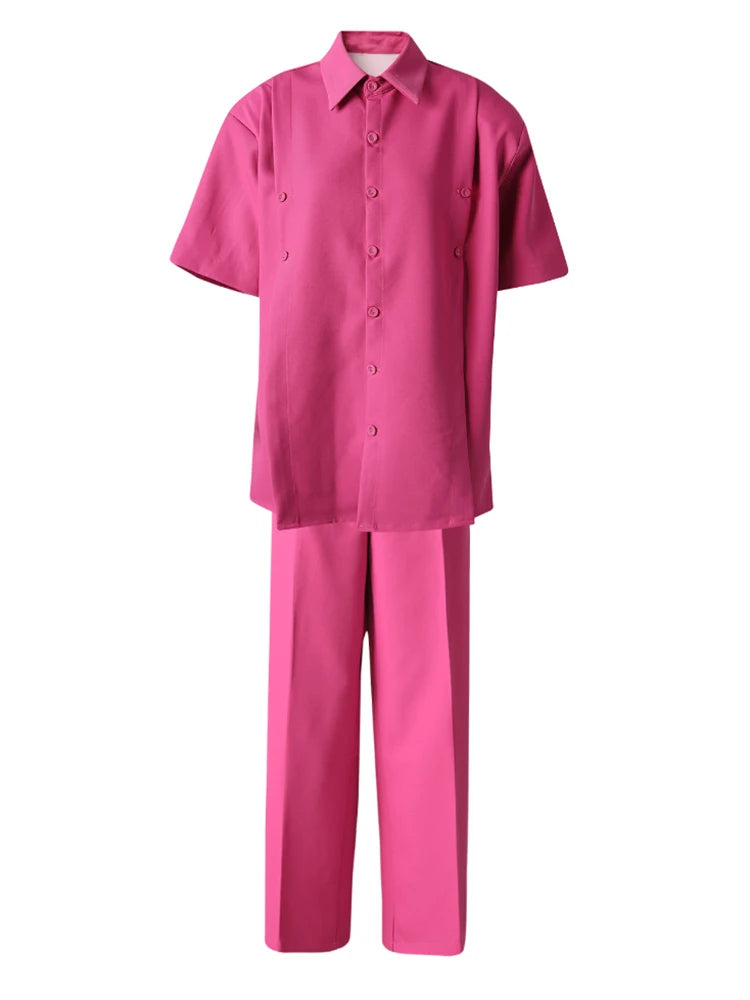 Big Size Rose Red Shirt Wide Leg Pants Two Piece Suit New Lapel Short Sleeve Women Fashion Tide Spring Summer 2025 CPG3119