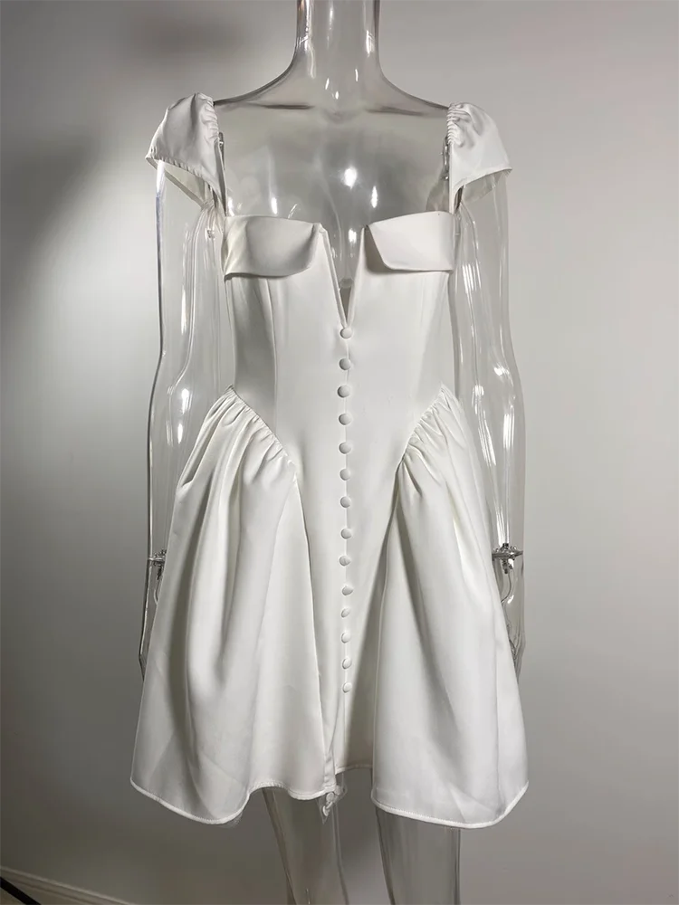 White Backless Sexy Mini Dress For Women Fashion Square Collar Short Sleeve High Waist A-line Club Party Sexy Dress