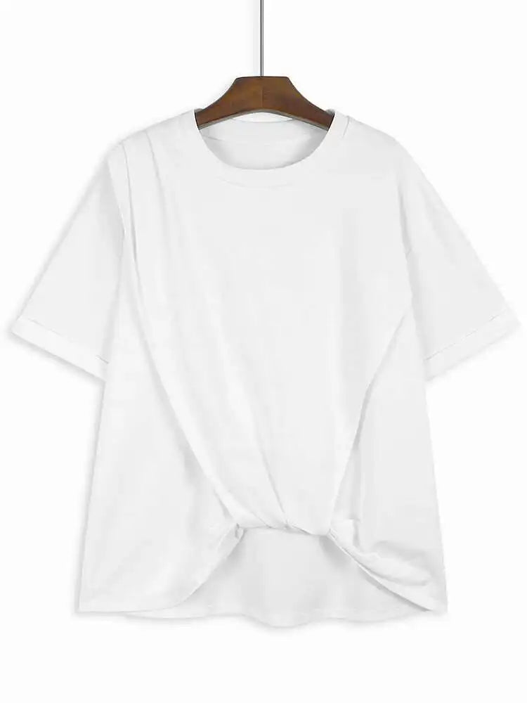 Women Black Irregular Pleated Big Size Casual T-shirt New Round Neck Shhort  Sleeve Fashion Spring Summer 2025 1DH5712