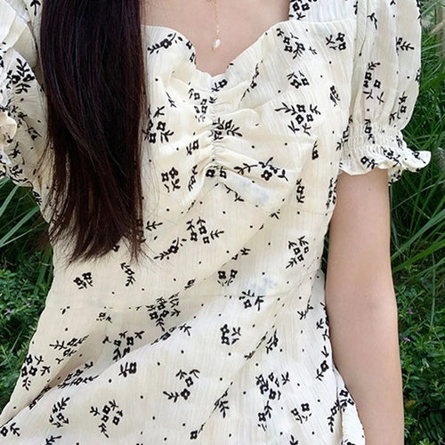 Load image into Gallery viewer, French Style Puff Sleeve White Floral Dress Summer Elegant Slim Printed Women’s Dresses Sweet Casual Fashion Streetwear
