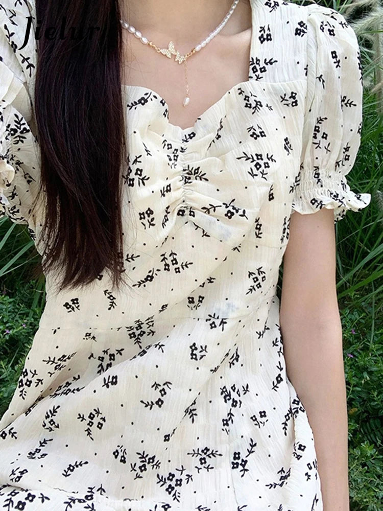 French Style Puff Sleeve White Floral Dress Summer Elegant Slim Printed Women’s Dresses Sweet Casual Fashion Streetwear