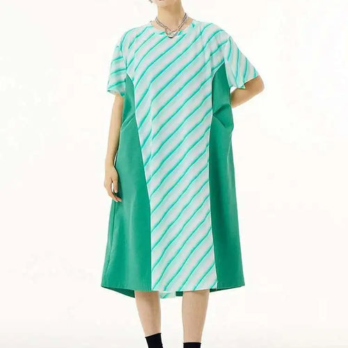 Load image into Gallery viewer, Women Purple Striped Color-block Big Size Dress New Round Neck Short Sleeve Fashion Tide Spring Summer 2025 1DH5420
