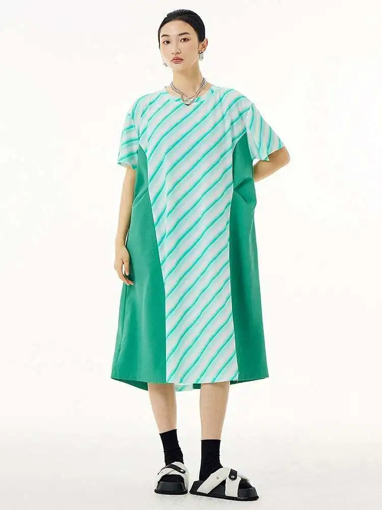 Women Purple Striped Color-block Big Size Dress New Round Neck Short Sleeve Fashion Tide Spring Summer 2025 1DH5420