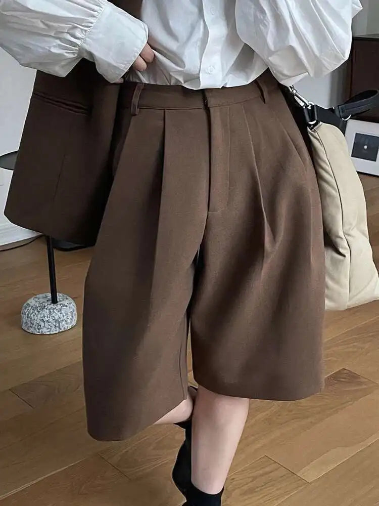 Women Gray Pleated Pocket Elegant Casual Wide Leg Shorts New High Waist Trousers Fashion Tide Spring Summer 2025 1DH4866
