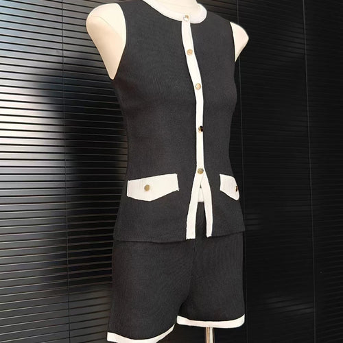 Load image into Gallery viewer, Hit Color Two Piece Set For Women O Neck Sleeveless Top High Waist Slimming Shorts Sets Female Fashion Style New
