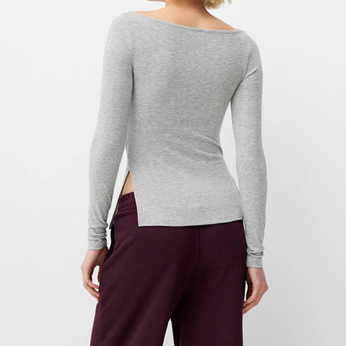 Load image into Gallery viewer, Sexy Crop Tops y2k Women Aesthetic Clothing Solid Color Long Sleeve Slit Hem T Shirts Fall Spring Clothes Streetwear
