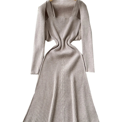 Load image into Gallery viewer, Autumn Winter Korean Women's Temperament Two Piece Set Beige Khaki Long Sleeved Shawl Cardigan Tops And Knitted Slip Dress Suit
