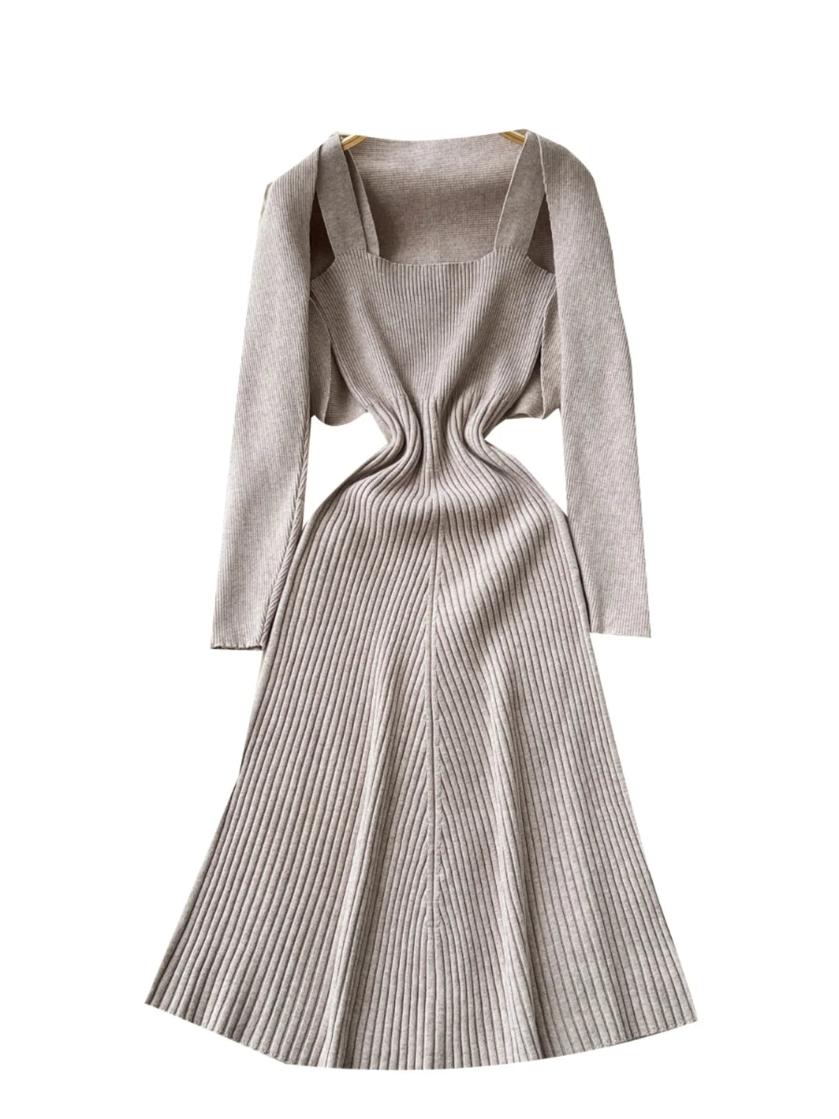 Autumn Winter Korean Women's Temperament Two Piece Set Beige Khaki Long Sleeved Shawl Cardigan Tops And Knitted Slip Dress Suit
