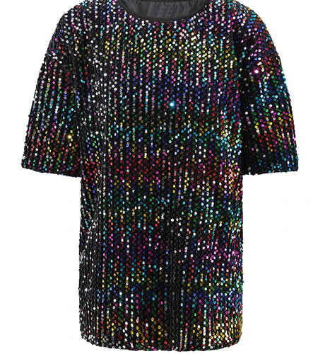 Women Gray Sequins Shining Big Size Casual T-shirt New Round Neck Short Sleeve Fashion Tide Spring Summer 2025 CPG1449