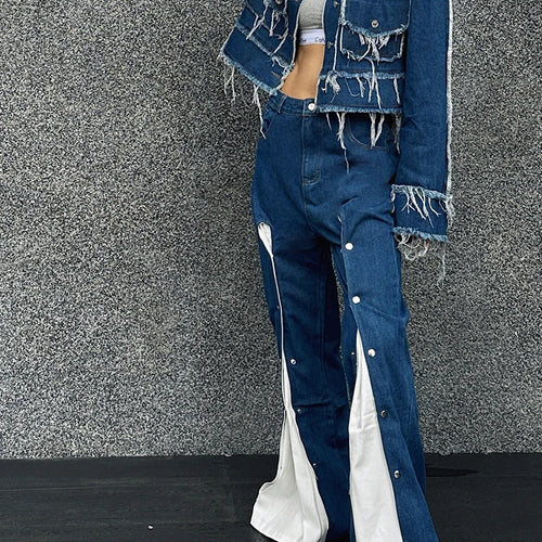 Load image into Gallery viewer, Streetwear Denim Two Piece Sets For Women Lapel Long Sleeve Spliced Tassel Coat High Waist Hit Color Jeans Casual Set Female
