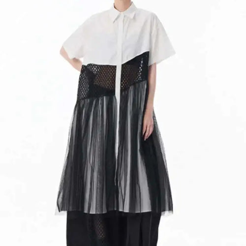 Load image into Gallery viewer, Women White Mesh Color-block Big Size Midi Shirt Dress New Lapel Short Sleeve Fashion Tide Spring Summer 2025 1DJ0045
