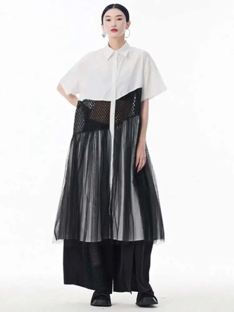 Women White Mesh Color-block Big Size Midi Shirt Dress New Lapel Short Sleeve Fashion Tide Spring Summer 2025 1DJ0045