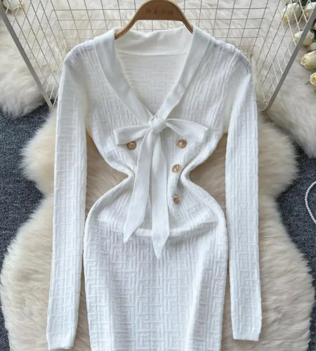 French Fashion Women Solid Elegant Button Bandage V Neck Short Dress Autumn Long Sleeves Knitted Sweater Mini Dress Trend Simple